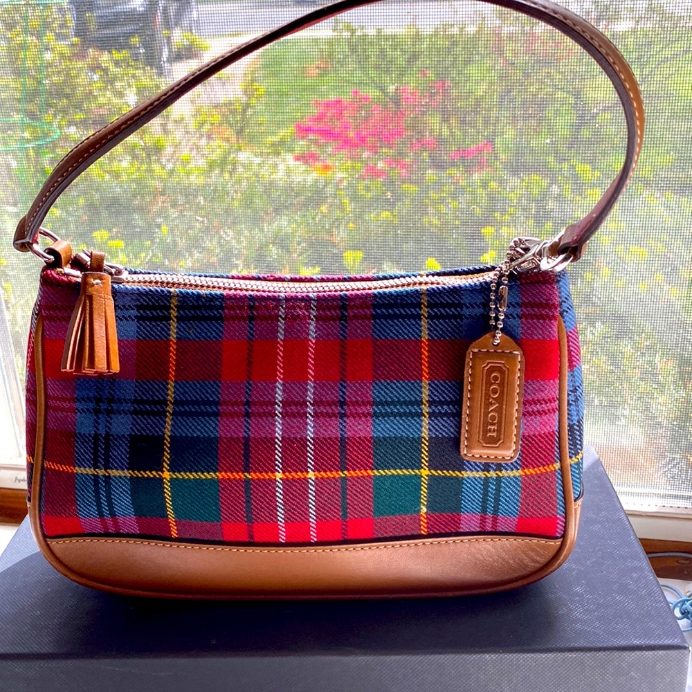 Vintage Coach Very Good Condition Leather and Red Plaid Red Cloth Handbag